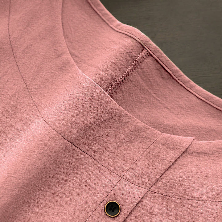 Buddha Stones Casual Lato Czysty Kolor Żakard Guziki Okrągły Dekolt Bawełna Damska Koszulka Z Krótkim Rękawem - image 37