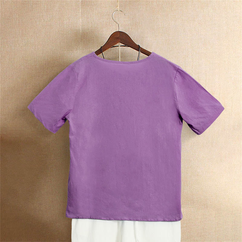 Buddha Stones Casual Lato Czysty Kolor Żakard Guziki Okrągły Dekolt Bawełna Damska Koszulka Z Krótkim Rękawem - image 41