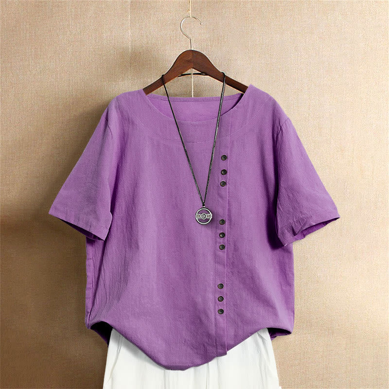 Buddha Stones Casual Lato Czysty Kolor Żakard Guziki Okrągły Dekolt Bawełna Damska Koszulka Z Krótkim Rękawem - MediumOrchid - US20, UK/AU24, EU52 (5XL) - image 40