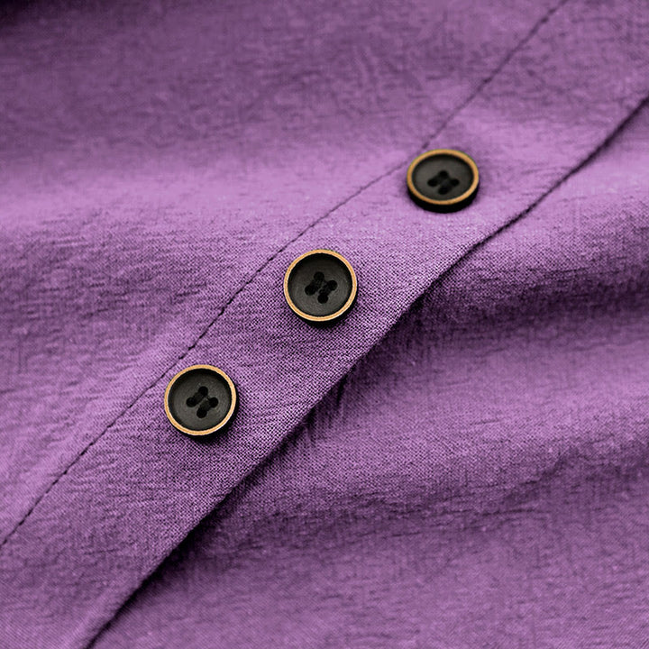 Buddha Stones Casual Lato Czysty Kolor Żakard Guziki Okrągły Dekolt Bawełna Damska Koszulka Z Krótkim Rękawem - image 43