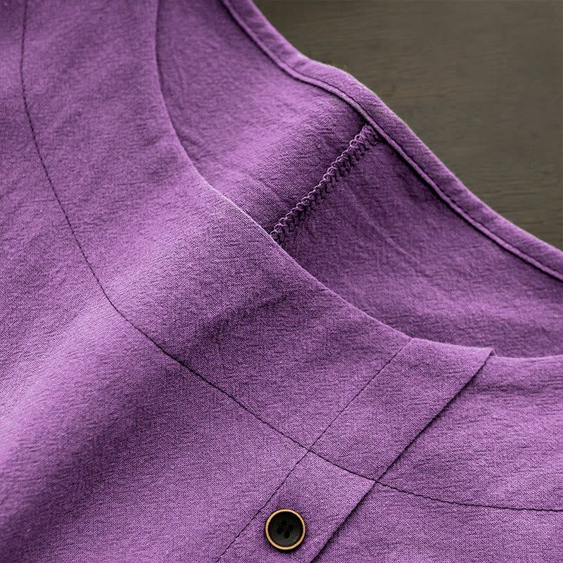 Buddha Stones Casual Lato Czysty Kolor Żakard Guziki Okrągły Dekolt Bawełna Damska Koszulka Z Krótkim Rękawem - image 42