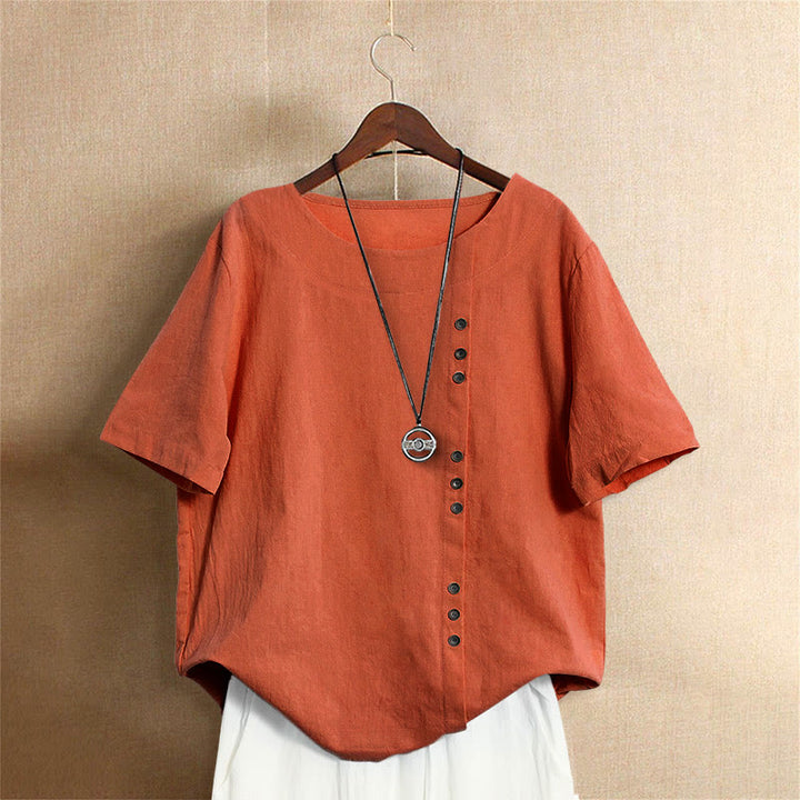 Buddha Stones Casual Lato Czysty Kolor Żakard Guziki Okrągły Dekolt Bawełna Damska Koszulka Z Krótkim Rękawem - Pomarańczowo-czerwony - US20, UK/AU24, EU52 (5XL) - image 45