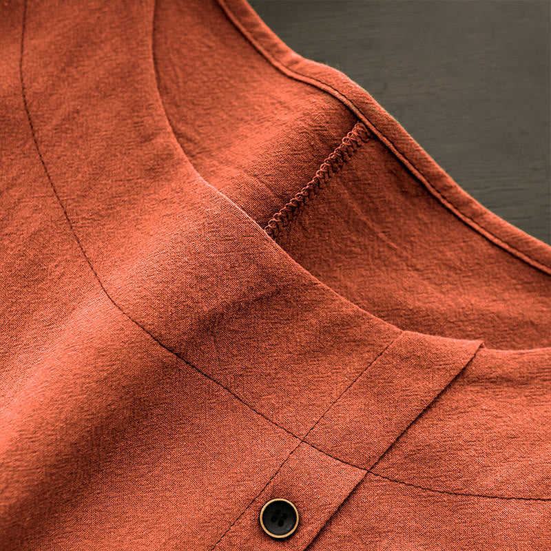 Buddha Stones Casual Lato Czysty Kolor Żakard Guziki Okrągły Dekolt Bawełna Damska Koszulka Z Krótkim Rękawem - image 47