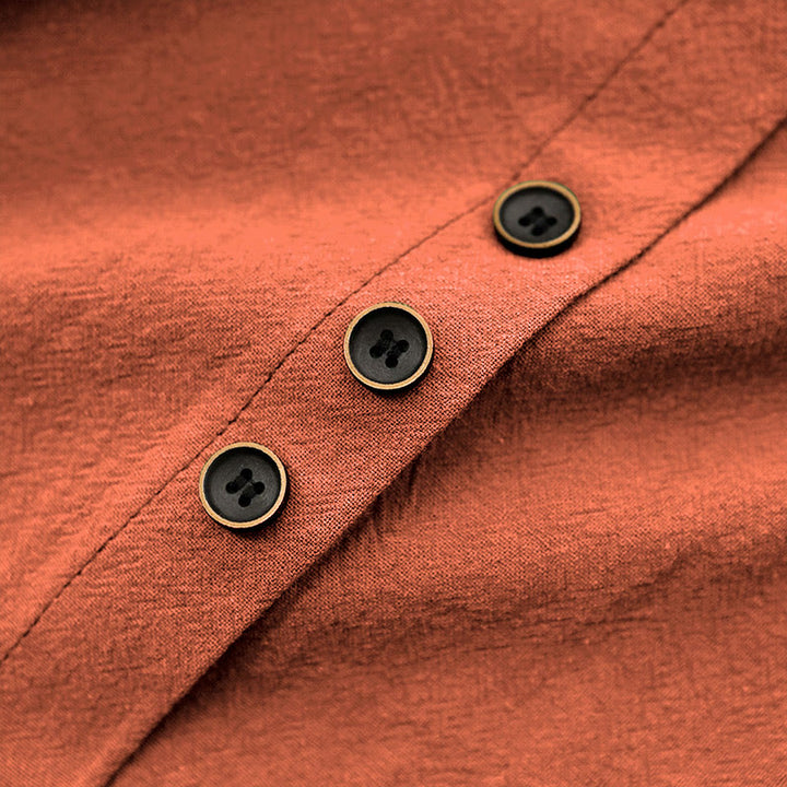 Buddha Stones Casual Lato Czysty Kolor Żakard Guziki Okrągły Dekolt Bawełna Damska Koszulka Z Krótkim Rękawem - image 48