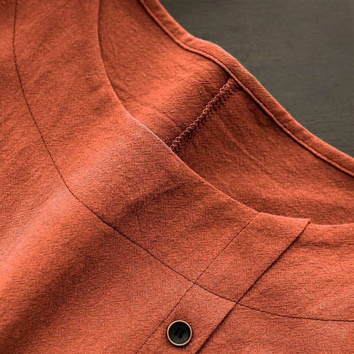 Buddha Stones Casual Lato Czysty Kolor Żakard Guziki Okrągły Dekolt Bawełna Damska Koszulka Z Krótkim Rękawem - image 47