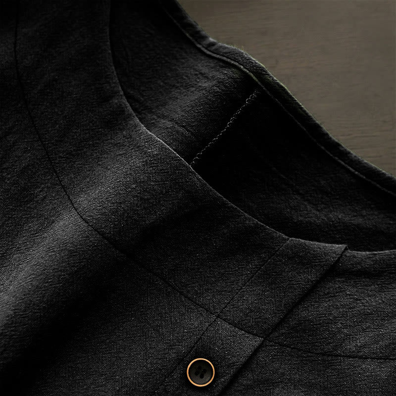 Buddha Stones Casual Lato Czysty Kolor Żakard Guziki Okrągły Dekolt Bawełna Damska Koszulka Z Krótkim Rękawem - image 52