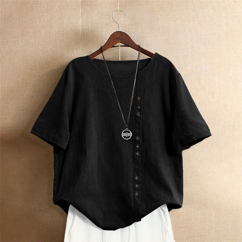 Buddha Stones Casual Lato Czysty Kolor Żakard Guziki Okrągły Dekolt Bawełna Damska Koszulka Z Krótkim Rękawem - Czarny - US18, UK/AU22, EU50 (5XL) - image 50