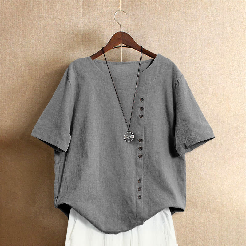 Buddha Stones Casual Lato Czysty Kolor Żakard Guziki Okrągły Dekolt Bawełna Damska Koszulka Z Krótkim Rękawem - Szary - US18, UK/AU22, EU50 (5XL) - image 55