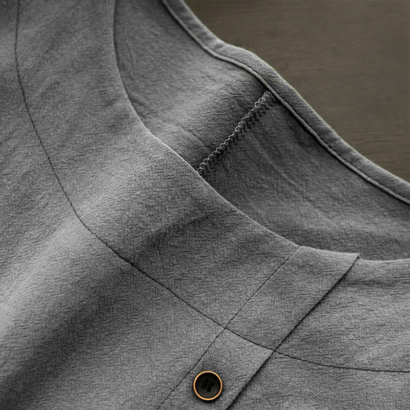 Buddha Stones Casual Lato Czysty Kolor Żakard Guziki Okrągły Dekolt Bawełna Damska Koszulka Z Krótkim Rękawem - image 57