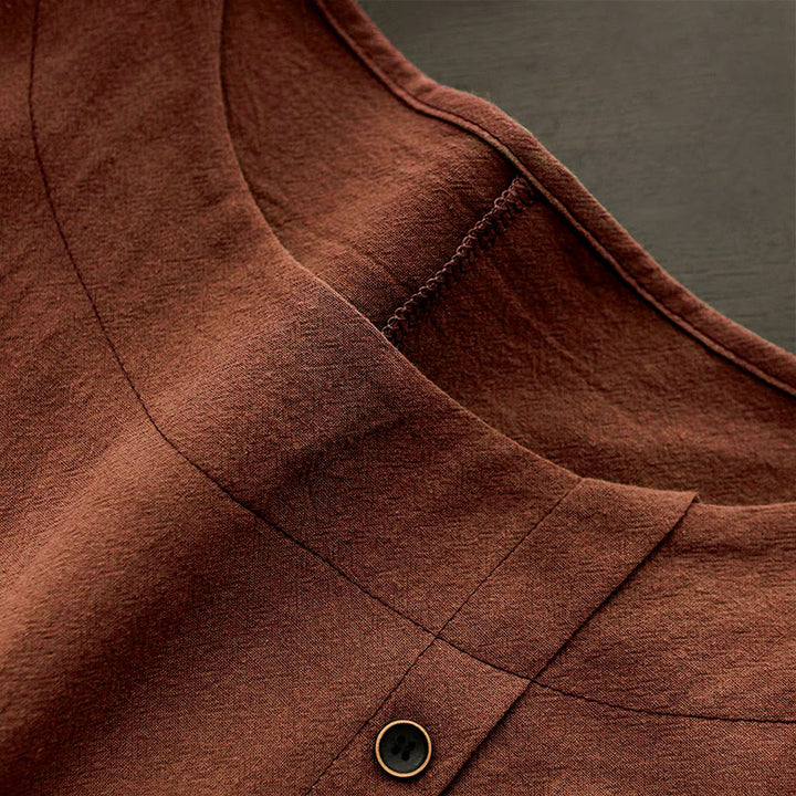 Buddha Stones Casual Lato Czysty Kolor Żakard Guziki Okrągły Dekolt Bawełna Damska Koszulka Z Krótkim Rękawem - image 27