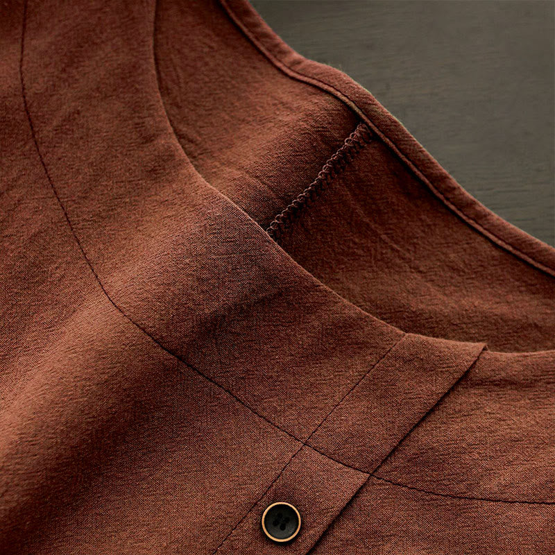 Buddha Stones Casual Lato Czysty Kolor Żakard Guziki Okrągły Dekolt Bawełna Damska Koszulka Z Krótkim Rękawem - image 27