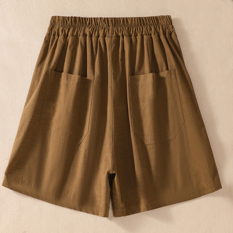 Buddha Stones Letnie Luźne Elastyczne Paski Gładkie Damskie Szorty Poliestrowe Z Kieszeniami - image 1