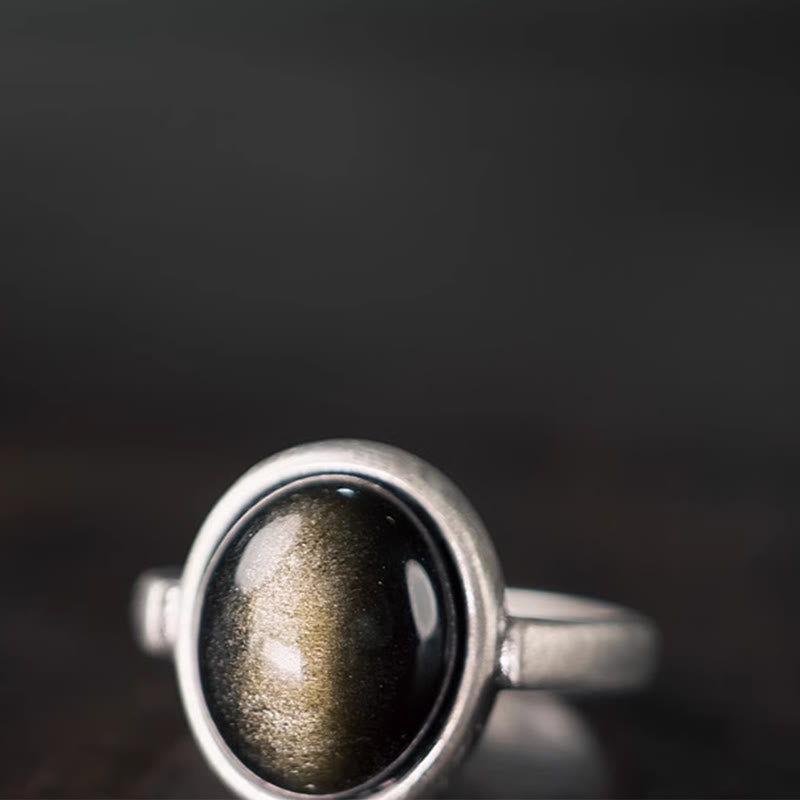 Buddha Stones Naturalne 925 Srebro Sterlingowe Złoty Połysk Obsydian Regulowany Pierścień Bogactwa