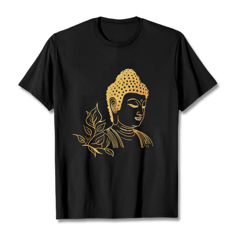 Buddha Stones Złote Liście Medytacja Budda T-shirt - Czarny - 2XL - image 0