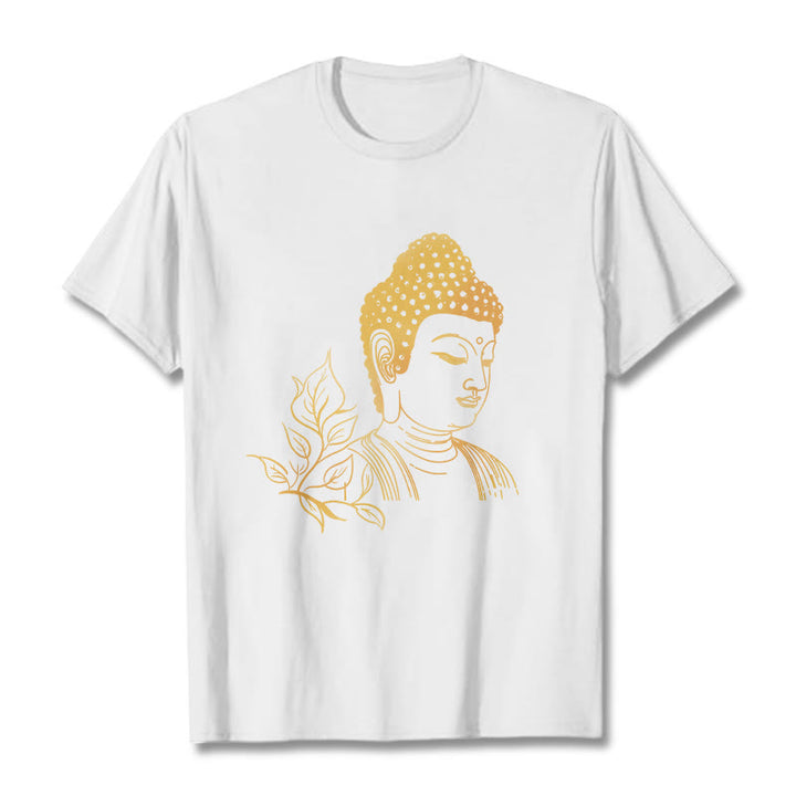Buddha Stones Złote Liście Medytacja Budda T-shirt - Biały - 2XL - image 5