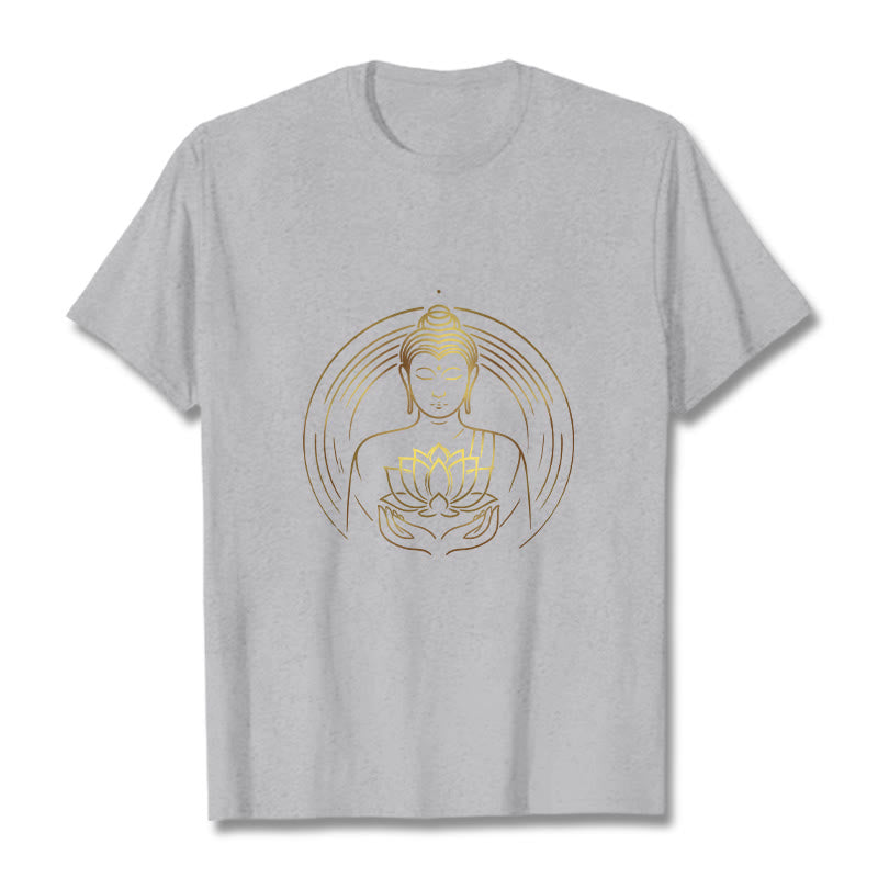 Buddha Stones Złoty Budda Trzymający Kwiat Lotosu Koszulka T-shirt - Jasnoszary - 2XL - image 20