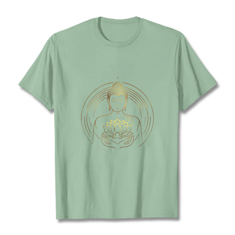 Buddha Stones Złoty Budda Trzymający Kwiat Lotosu Koszulka T-shirt - PaleGreen - 2XL - image 14