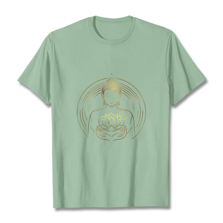 Buddha Stones Złoty Budda Trzymający Kwiat Lotosu Koszulka T-shirt - PaleGreen - 2XL - image 14