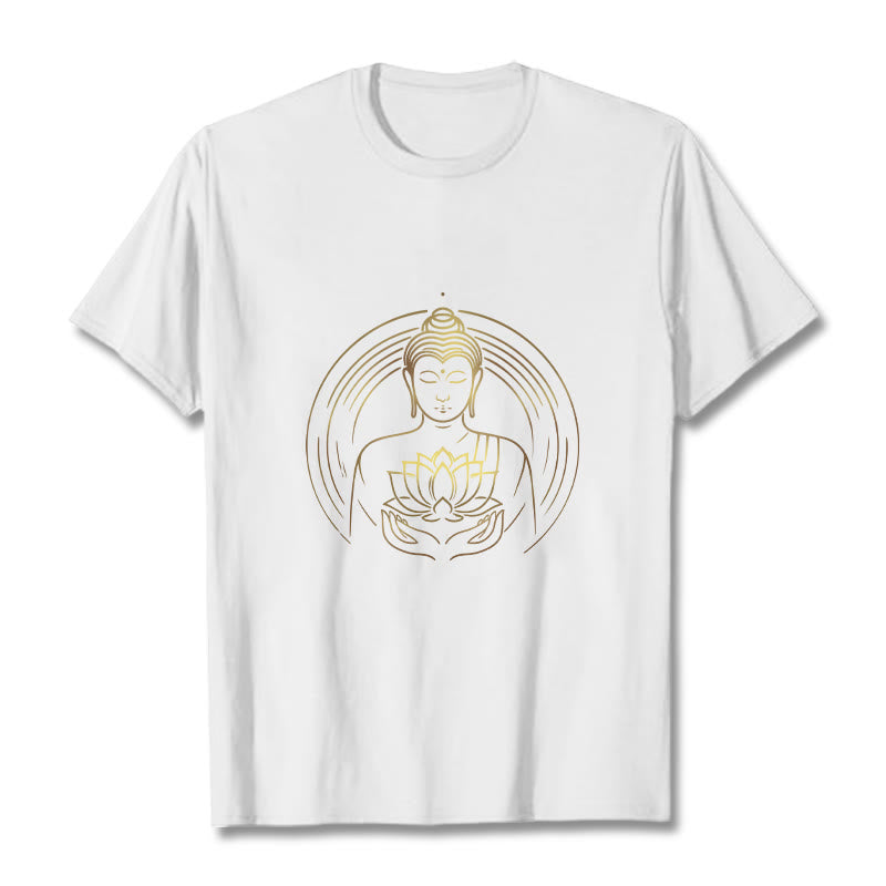Buddha Stones Złoty Budda Trzymający Kwiat Lotosu Koszulka T-shirt - Biały - 2XL - image 0