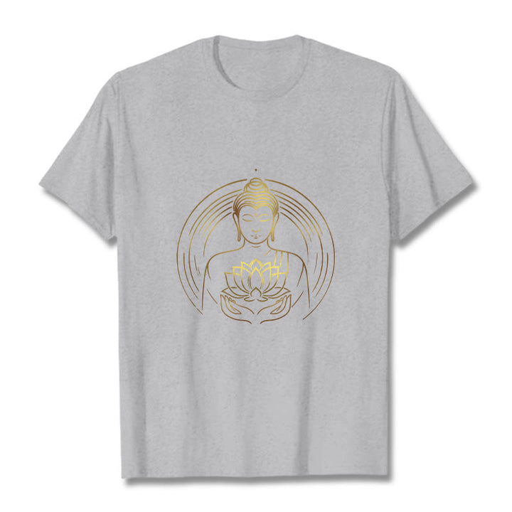 Buddha Stones Złoty Budda Trzymający Kwiat Lotosu Koszulka T-shirt - Jasnoszary - 2XL - image 19