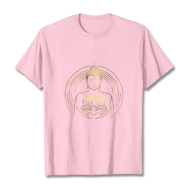 Buddha Stones Złoty Budda Trzymający Kwiat Lotosu Koszulka T-shirt - Jasnoróżowy - 2XL - image 12
