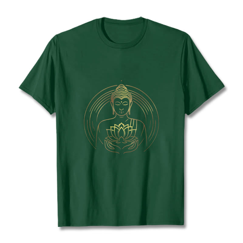 Buddha Stones Złoty Budda Trzymający Kwiat Lotosu Koszulka T-shirt - ForestGreen - 2XL - image 11