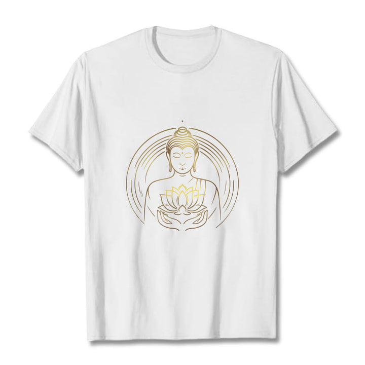 Buddha Stones Złoty Budda Trzymający Kwiat Lotosu Koszulka T-shirt - Biały - 2XL - image 1