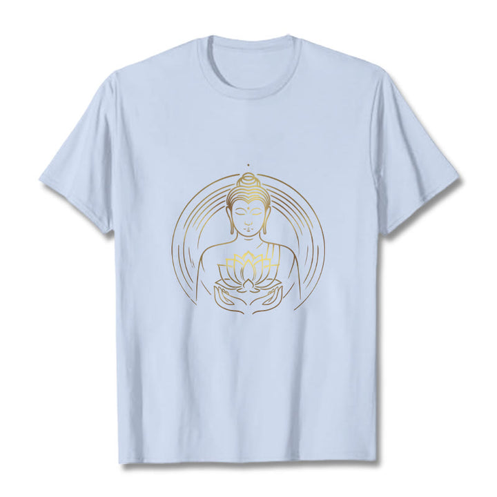 Buddha Stones Złoty Budda Trzymający Kwiat Lotosu Koszulka T-shirt - Jasnoniebieski - 2XL - image 18