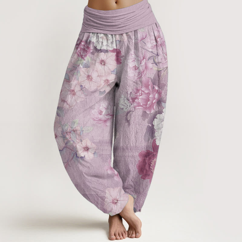 Buddha Stones Czysta bawełna Casual Peony Flower Damskie spodnie haremowe z elastyczną talią