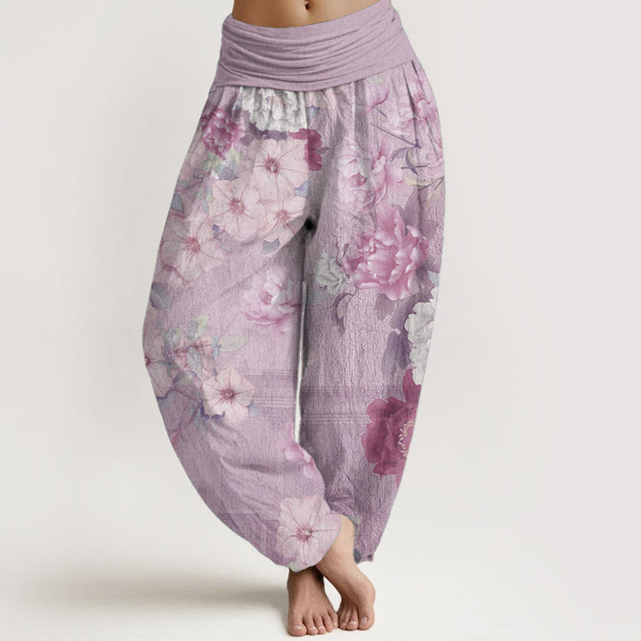 Buddha Stones Czysta bawełna Casual Peony Flower Damskie spodnie haremowe z elastyczną talią