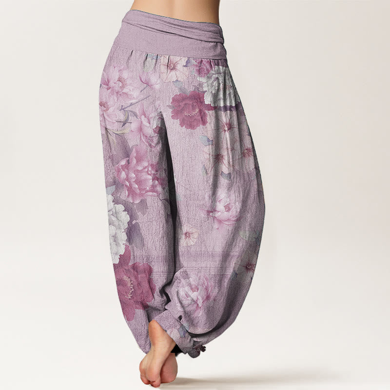 Buddha Stones Czysta bawełna Casual Peony Flower Damskie spodnie haremowe z elastyczną talią