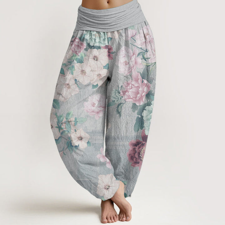 Buddha Stones Czysta bawełna Casual Peony Flower Damskie spodnie haremowe z elastyczną talią