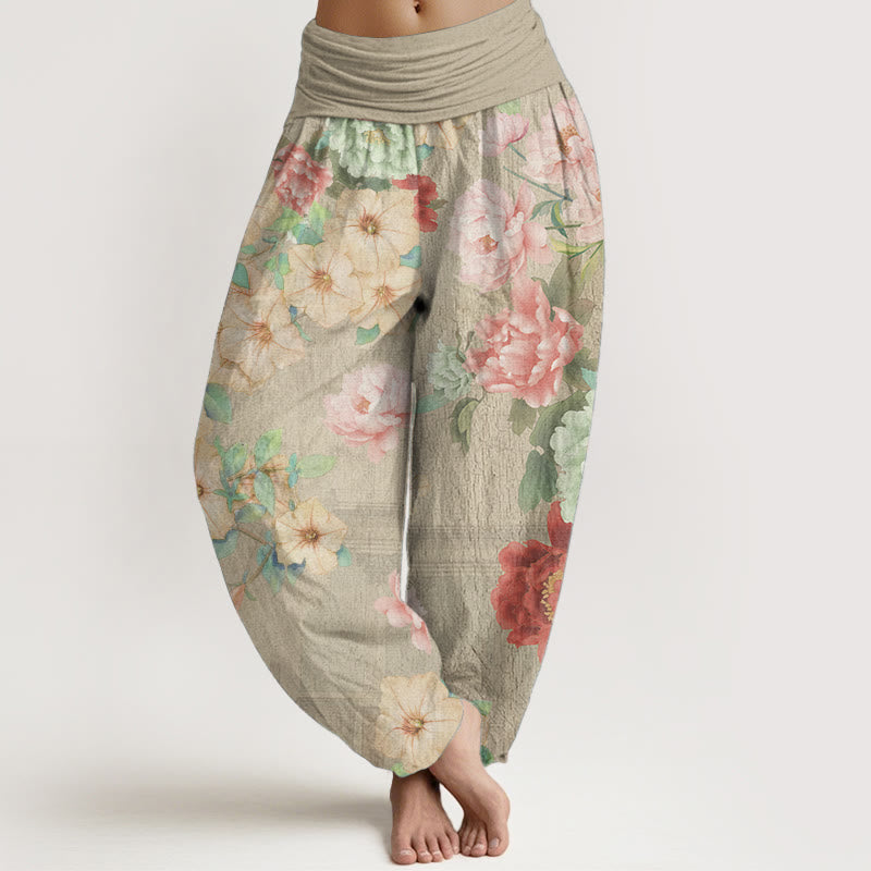 Buddha Stones Czysta bawełna Casual Peony Flower Damskie spodnie haremowe z elastyczną talią