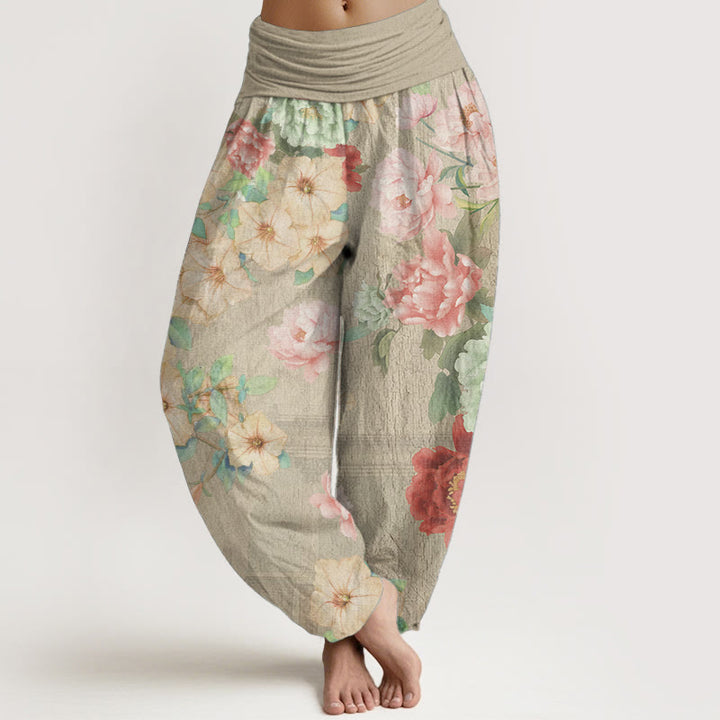 Buddha Stones Czysta bawełna Casual Peony Flower Damskie spodnie haremowe z elastyczną talią