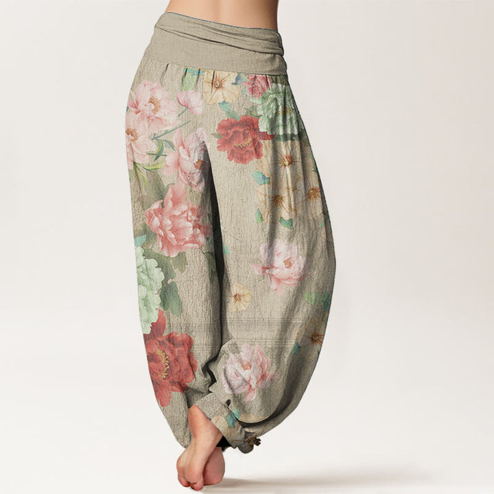 Buddha Stones Czysta bawełna Casual Peony Flower Damskie spodnie haremowe z elastyczną talią