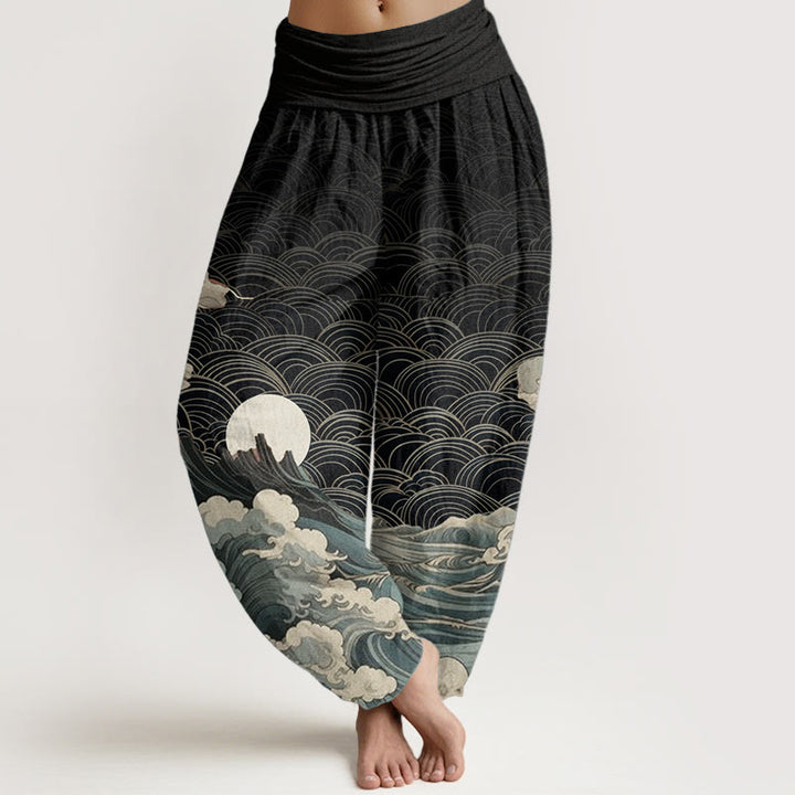 Buddha Stones Czysta bawełna Casual Wave Moon Mountain Pattern Damskie spodnie haremowe z elastyczną talią