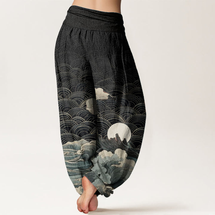 Buddha Stones Czysta bawełna Casual Wave Moon Mountain Pattern Damskie spodnie haremowe z elastyczną talią