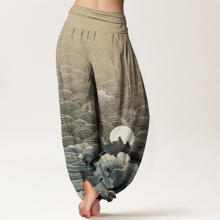 Buddha Stones Czysta bawełna Casual Wave Moon Mountain Pattern Damskie spodnie haremowe z elastyczną talią