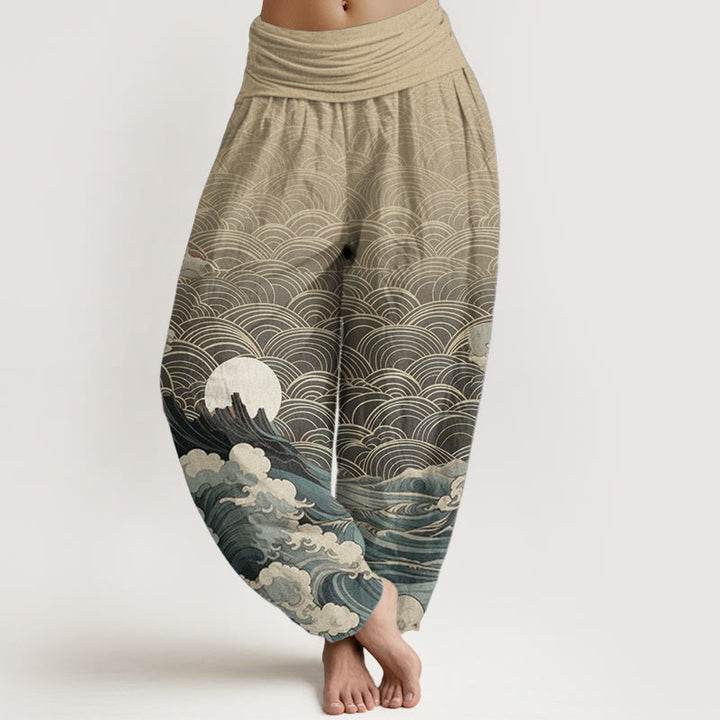 Buddha Stones Czysta bawełna Casual Wave Moon Mountain Pattern Damskie spodnie haremowe z elastyczną talią