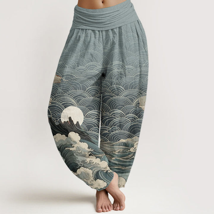 Buddha Stones Czysta bawełna Casual Wave Moon Mountain Pattern Damskie spodnie haremowe z elastyczną talią