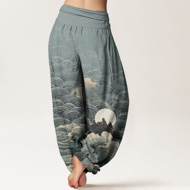 Buddha Stones Czysta bawełna Casual Wave Moon Mountain Pattern Damskie spodnie haremowe z elastyczną talią