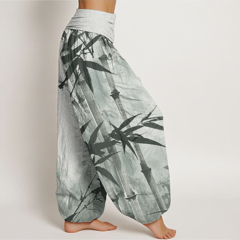 Buddha Stones Czysta bawełna Casual Bamboo Leaves Dragonfly Pattern Damskie spodnie haremowe z elastyczną talią