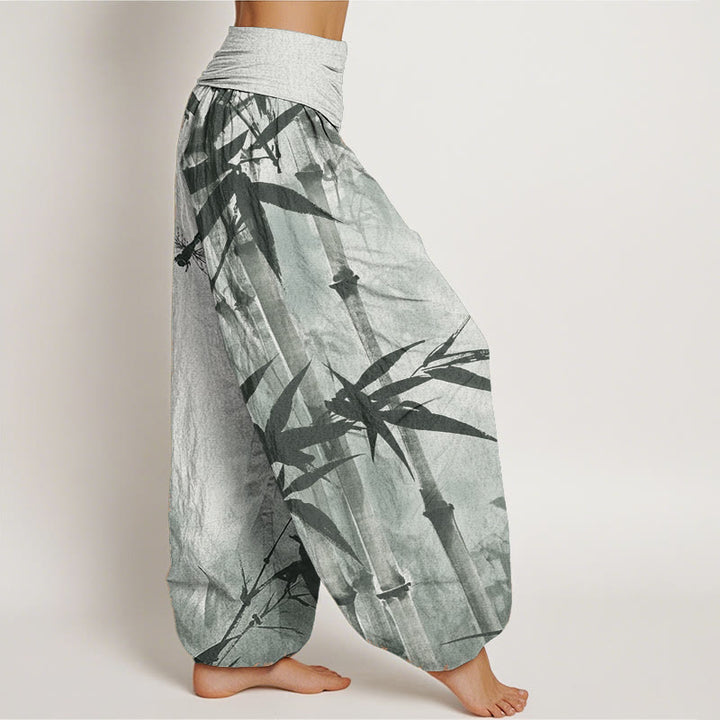 Buddha Stones Czysta bawełna Casual Bamboo Leaves Dragonfly Pattern Damskie spodnie haremowe z elastyczną talią