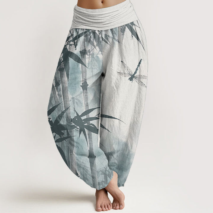 Buddha Stones Czysta bawełna Casual Bamboo Leaves Dragonfly Pattern Damskie spodnie haremowe z elastyczną talią - Bielizna - US22, UK/AU26, EU54 (6XL) - image 9
