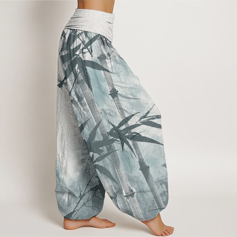 Buddha Stones Czysta bawełna Casual Bamboo Leaves Dragonfly Pattern Damskie spodnie haremowe z elastyczną talią