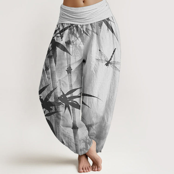 Buddha Stones Czysta bawełna Casual Bamboo Leaves Dragonfly Pattern Damskie spodnie haremowe z elastyczną talią