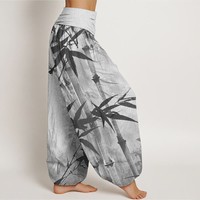 Buddha Stones Czysta bawełna Casual Bamboo Leaves Dragonfly Pattern Damskie spodnie haremowe z elastyczną talią