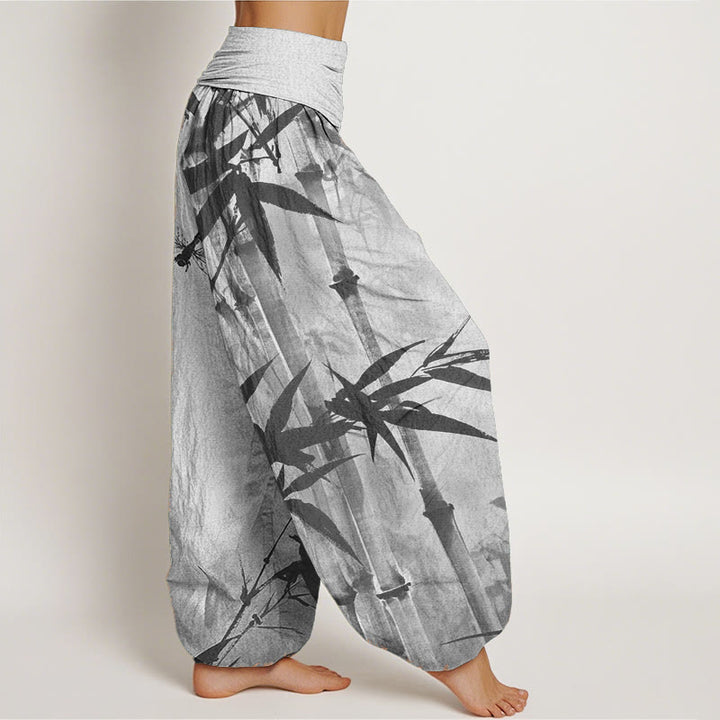 Buddha Stones Czysta bawełna Casual Bamboo Leaves Dragonfly Pattern Damskie spodnie haremowe z elastyczną talią
