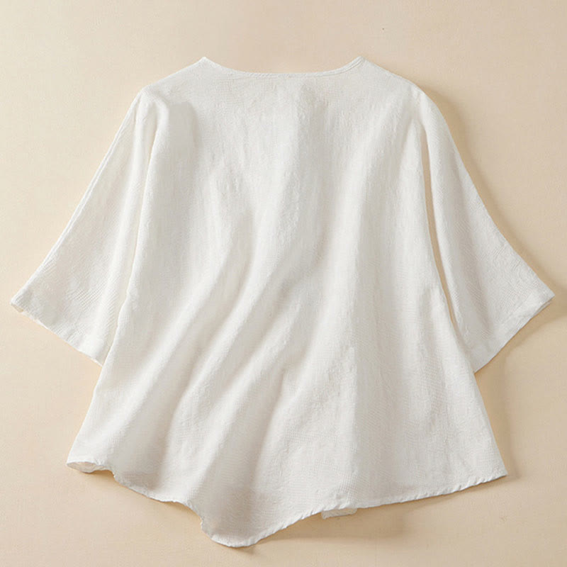 Koszula damska z krótkim rękawem z bawełny i lnu w kwiaty w stylu casual z Buddha Stones i kolorowymi guzikami - image 15