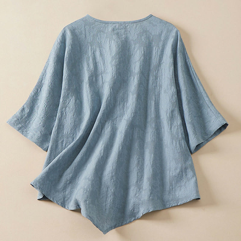 Koszula damska z krótkim rękawem z bawełny i lnu w kwiaty w stylu casual z Buddha Stones i kolorowymi guzikami - image 2